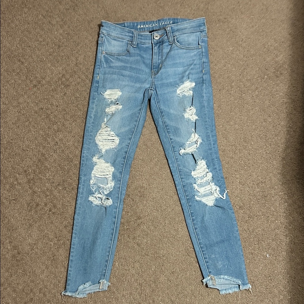American Eagle Outfitters Women's Light Blue Ripped Skinny Jeans